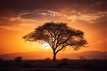 Naklejka na ściany i meble a lone tree in the middle of a desert at sunset. generative ai