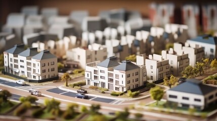 Fototapeta premium Miniature model of a modern townhouse neighborhood, captured with tilt-shift focus technique, displaying contemporary architectural style. Crafted by AI.