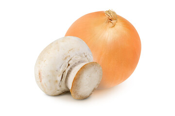 Champignon and onion on an isolated white background.