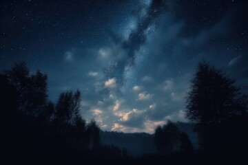 Fototapeta na wymiar a night sky with a lot of clouds and stars above trees. generative ai