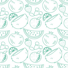 Fruit and berry background, abstract food seamless pattern. Fresh fruits wallpaper with strawberry, watermelon, line icons. Vegetarian grocery vector illustration, green white color. EPS