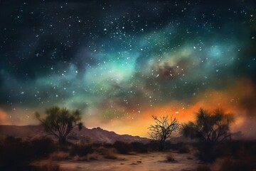 Obraz na płótnie Canvas a painting of a night sky with stars above a desert landscape. generative ai