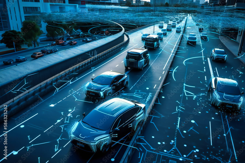 Poster autonomous self-driving car glides seamlessly through bustling city highway, utilizing advanced soft
