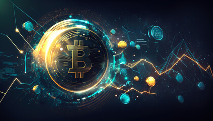 Obraz premium Bitcoin on the rise! A stunning shot of BTC's skyrocketing growth captured on a striking background - ai generated