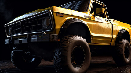 Closeup on front of generic and unbranded cars yellow 4x4 truck, generative ai illustration - obrazy, fototapety, plakaty