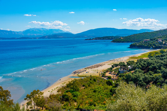 Panorama view of Kalamaki beach at Corfu island, Greece