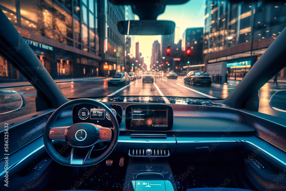 Poster autonomous self-driving car glides seamlessly through bustling city highway, utilizing advanced soft