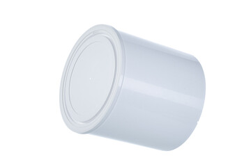 white plastic bucket with white lid, plastic containers on white background, food plastic box isolated on white, product packaging for foodstuff or paints, adhesives, sealants, primers