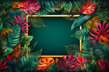 Fototapeta na wymiar Bright, colored tropical leaves on a blue background, with an empty space in the center. With Generative AI tehnology