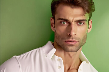 adult young man with white shirt and green background. Generative AI