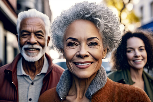 group of elderly people or family or friends, outside on a street in a residential area in a fictional town. Generative AI