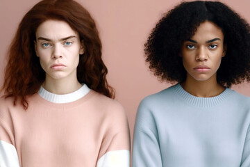 Fototapeta premium adult women with bad mood and pulls corners of mouth down, pastel colored, dark-skinned african american female and caucasian white. Generative AI