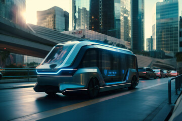 Futuristic self-driving van cruises along a public highway, surrounded by modern glass skyscrapers, redefining city transportation