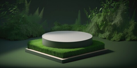 Empty podium, natural mock up display, blank eco plants stand cosmetic product fashion ads on minimal grass leaves green background. Luxury pedestal nature mockup scene platform ai generative