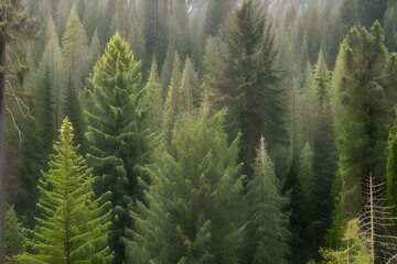 Lush green trees, natural scenery of fir forest