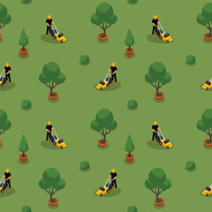 Isometric seamless pattern with a lawn care workers