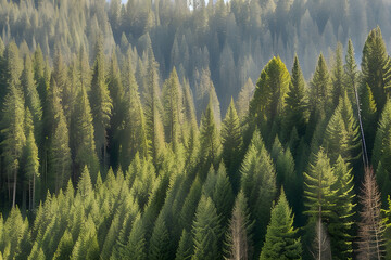 Lush green trees, natural scenery of fir forest