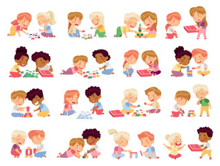 Children Sitting on the Floor in Nursery Playing Toy Blocks and Jigsaw Puzle Big Vector Set