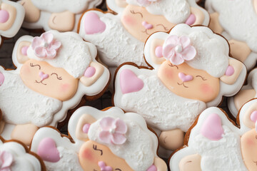 Set of Easter gingerbread cookies with festive icing. Cute homemade cookies in the shape of sheep....