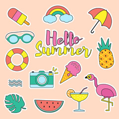 Set of bright stickers Hello Summer isolated on a pink background. Vector illustration. Ice cream, rainbow, flamingo, pineapple, watermelon, and other stickers are a stylish set for summer mood