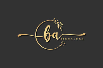 luxury gold signature initial ba logo design isolated leaf and flower