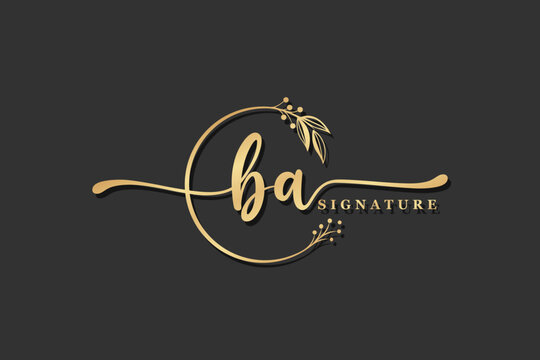 luxury gold signature initial ba logo design isolated leaf and flower