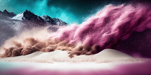 Pink powder explosion in desert with mountains abstract background. Colored sand dust texture. Ai generated decorative Pink and fuchsia holi festival paint powder horizontal illustration.