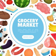 Grocery Market Design with Products and Fresh Food Vector Template