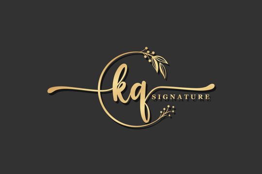 luxury gold signature initial kq logo design isolated leaf and flower