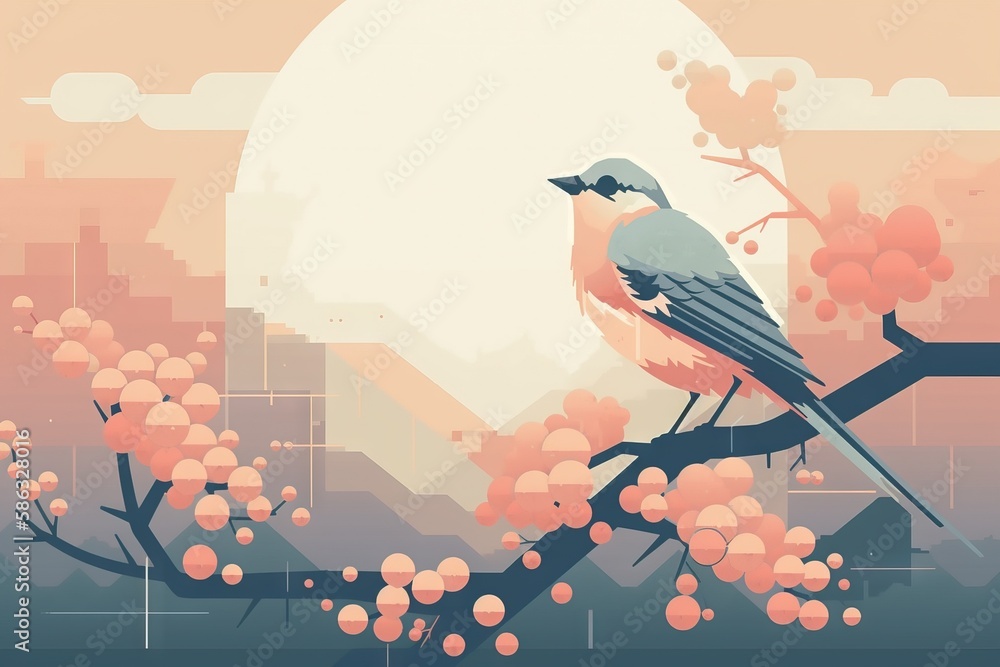 Poster a bird is sitting on a branch of a tree with pink flowers in front of a full moon and a cityscape in