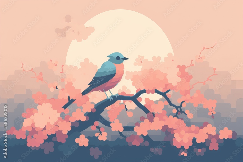 Poster a bird is sitting on a branch of a tree with pink flowers in front of a full moon in the sky with pi