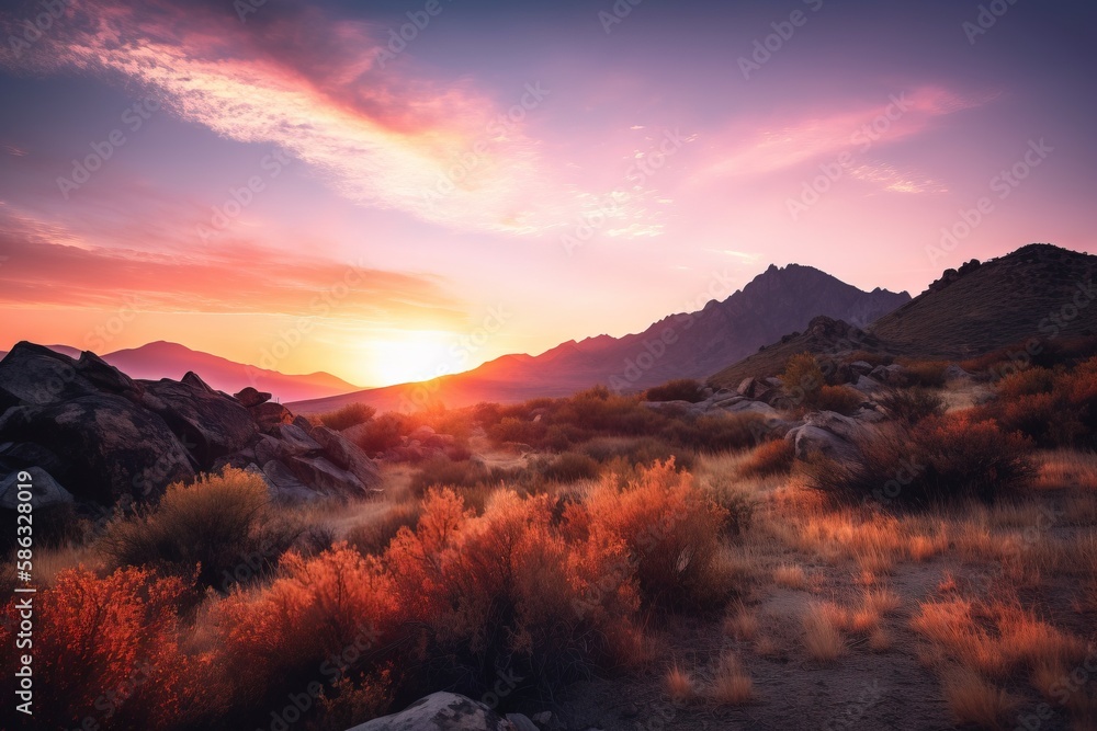 Poster the sun is setting over the mountains in a desert area with tall grass and bushes in the foreground,