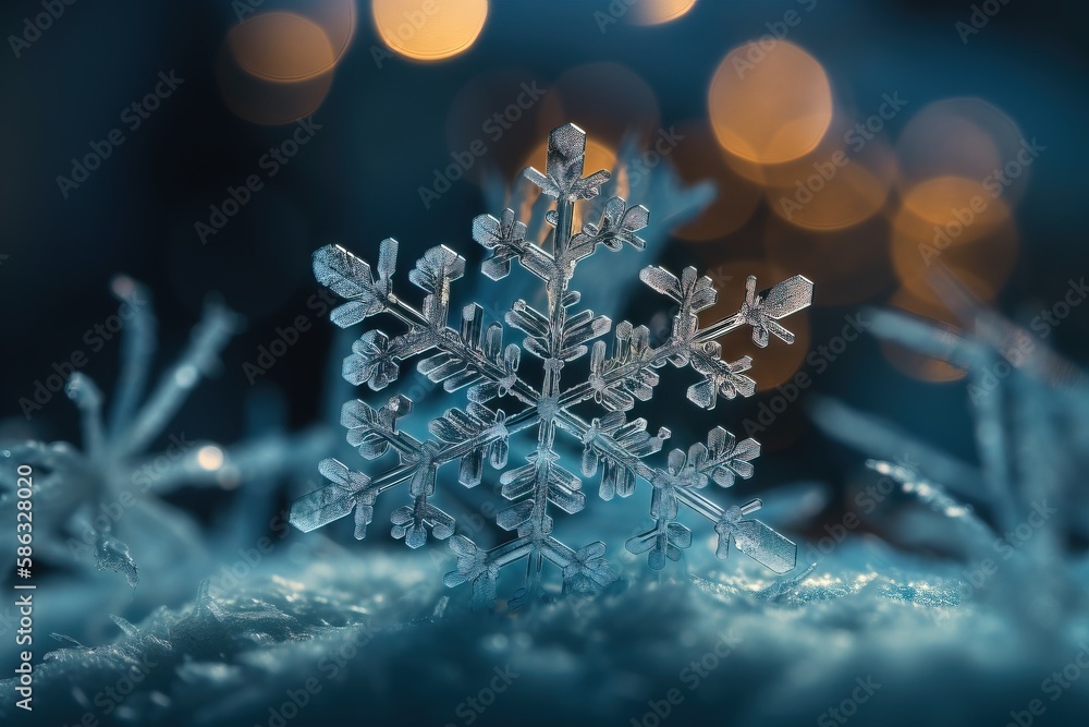 Poster a close up of a snowflake with blurry lights in the backgrouund of the image in the backgrouund. gen