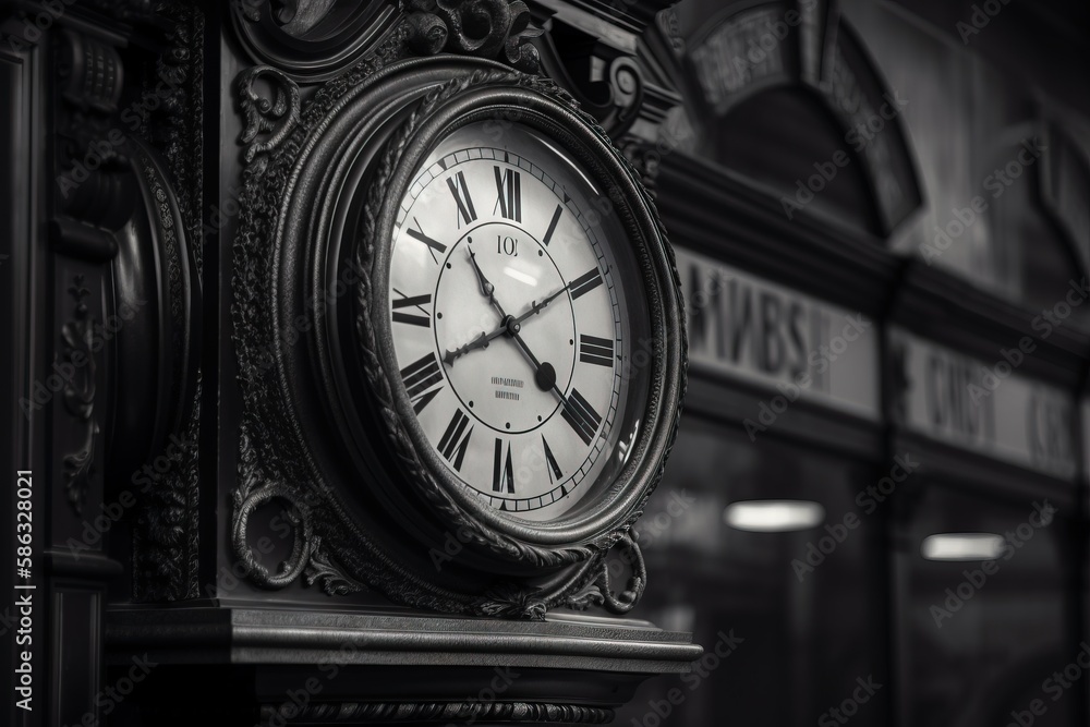 Poster a black and white photo of a clock on a wall in a building with a sign in the background that says w