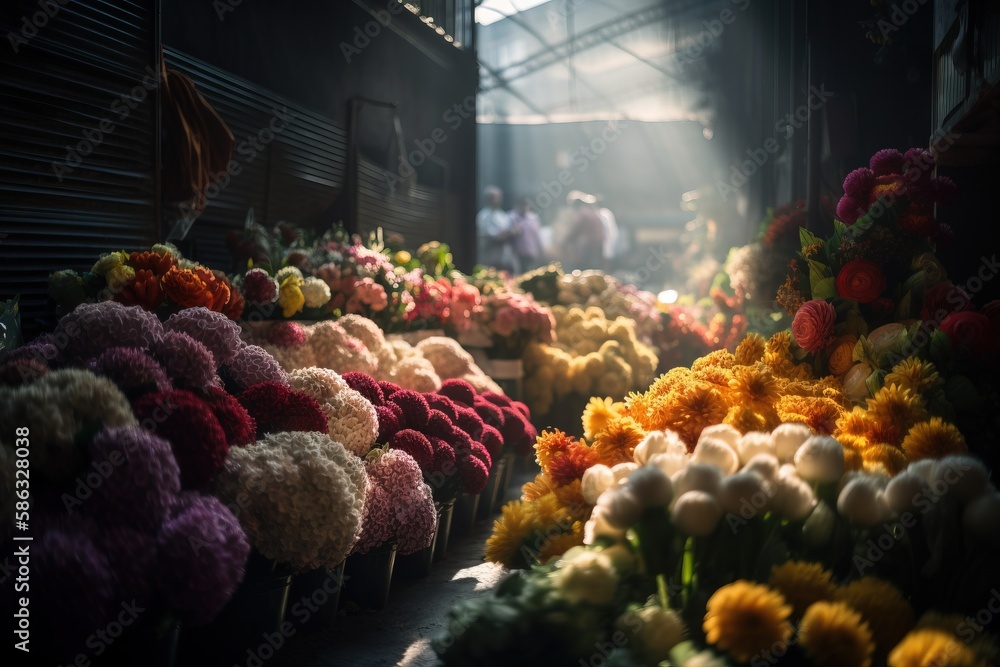 Poster a bunch of flowers that are sitting on a table in a room with sunlight coming through the window and