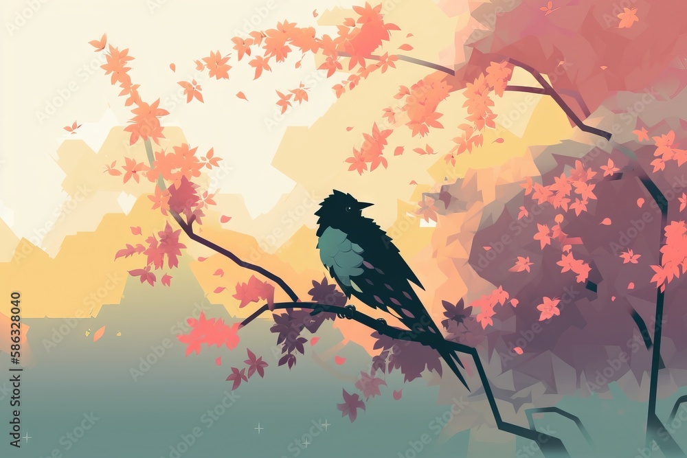 Poster a bird sitting on a branch of a tree in front of a colorful background of leaves and branches with t
