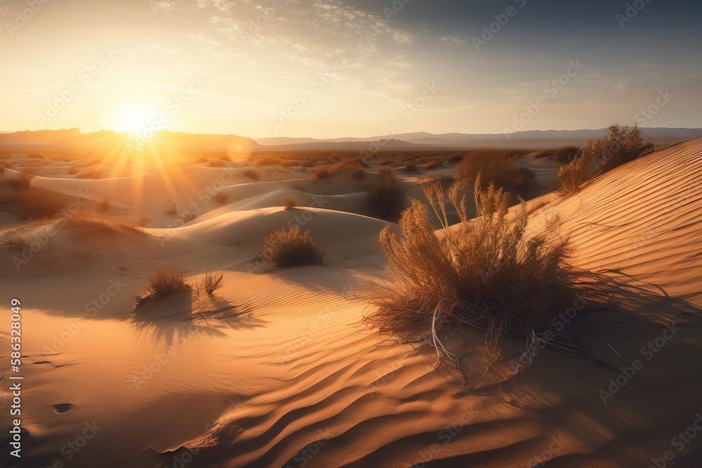 Aufkleber the sun is setting over a desert with sand dunes and grass in the foreground and mountains in the di