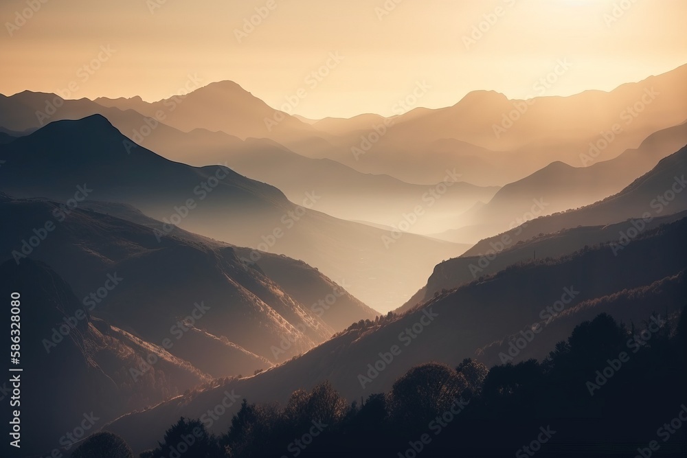 Aufkleber  a view of a mountain range with a sun setting in the distance behind the mountain range, with trees in the foreground, and a hazy sky in the background.  generative ai