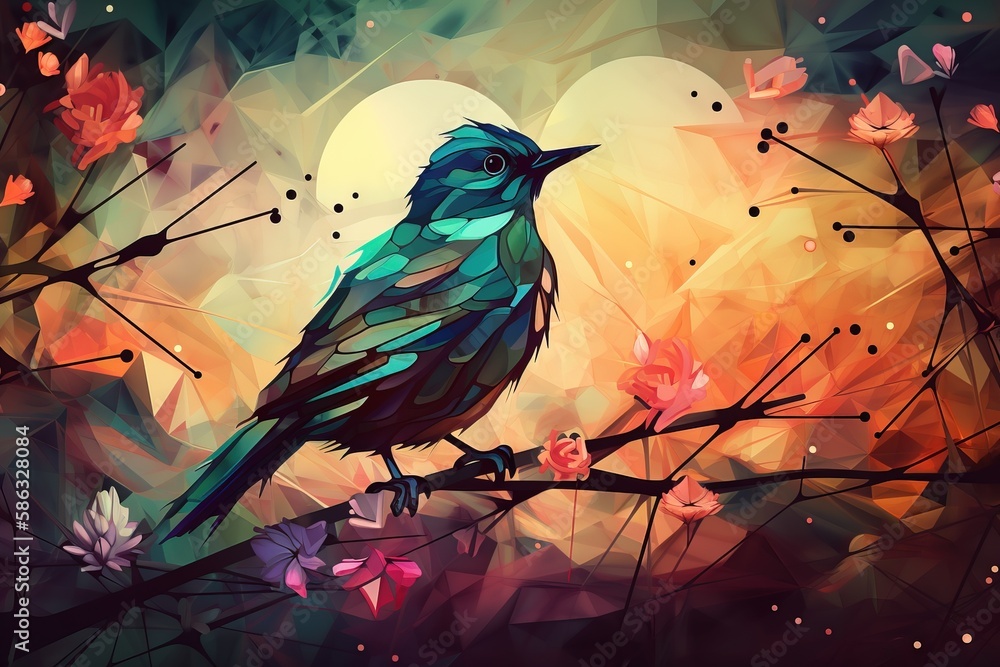 Poster a bird sitting on a branch with flowers in front of a full moon and a full moon in the sky in the ba