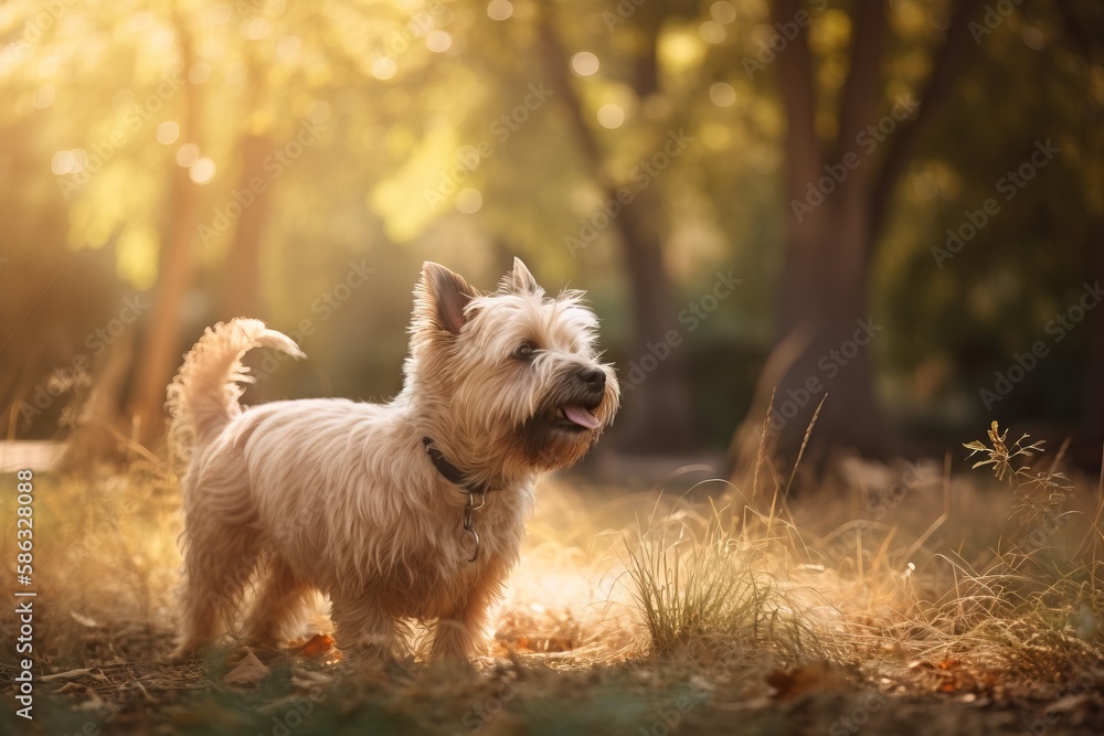 Poster a small white dog standing in a field with trees in the background and grass in the foreground and s