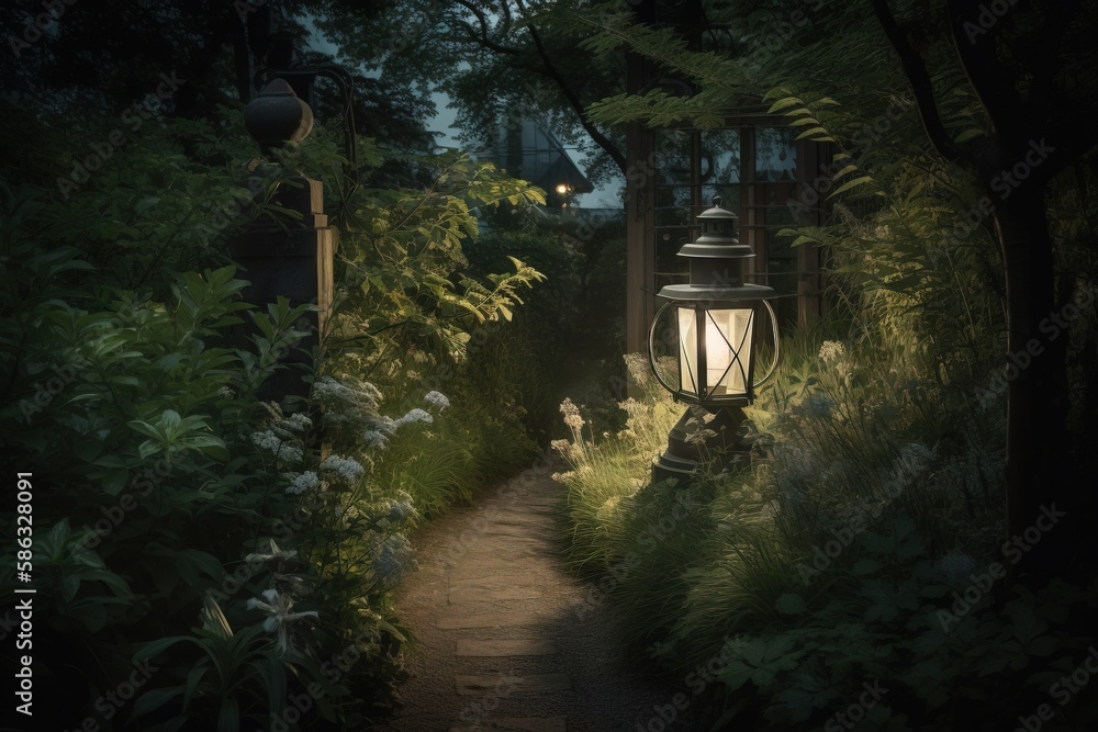Poster a path in a garden with a lantern lit up at night in the distance is a path through the bushes and t