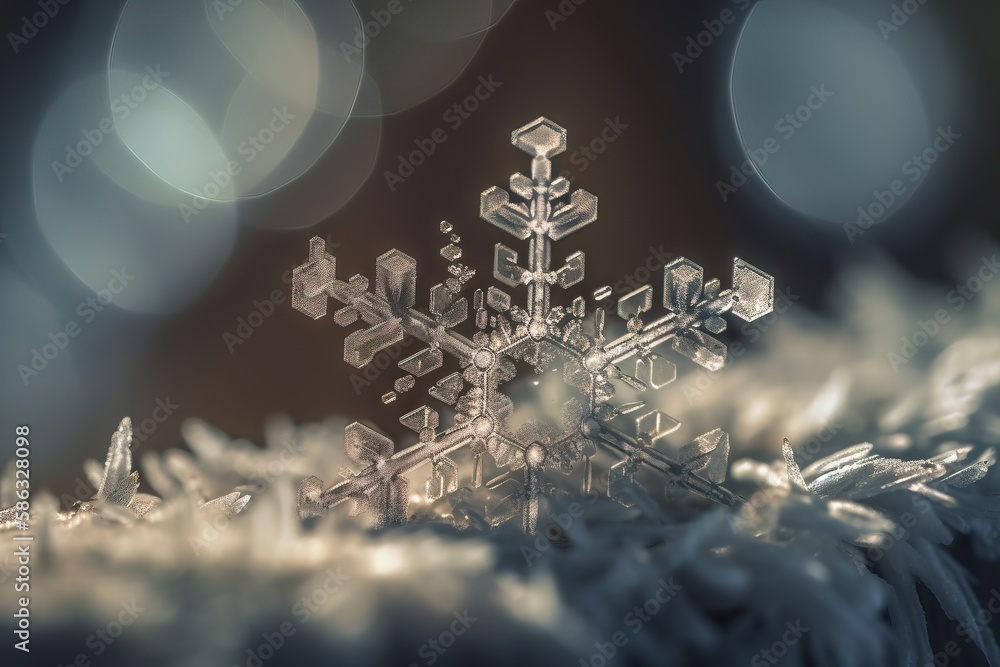 Poster a snowflake is shown with a blurry image of the snow flakes in the background and a boke of lights i