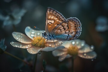 Fototapeta na wymiar a butterfly sitting on top of a flower covered in water droplets on it's wings and wings are spread wide open to reveal the water droplets on the petals. generative ai