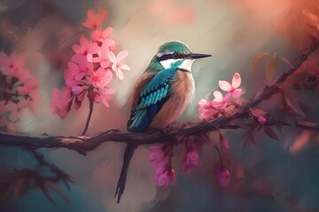  a colorful bird sitting on a branch of a tree with pink flowers in the foreground and a blurry background of blue, red, pink, and white flowers in the foreground.  generative ai