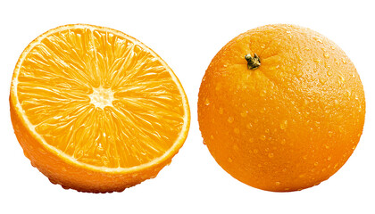 Laranja inteira e laranja cortada em fundo transparente - laranjas maduras suadas