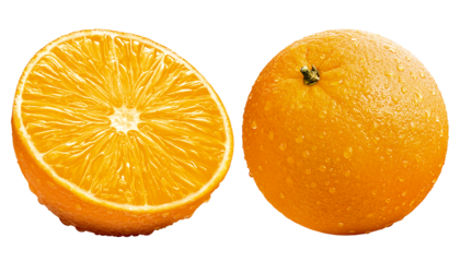 Laranja inteira e laranja cortada em fundo transparente - laranjas maduras suadas