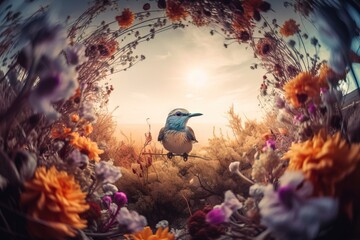 Obraz na płótnie Canvas a bird is sitting on a branch surrounded by flowers and branches with the sun shining through the clouds in the distance, with a blue sky in the background. generative ai