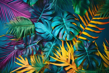 Bright, colored tropical leaves for design. With Generative AI tehnology