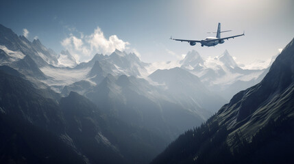 Fototapeta na wymiar A plane flying over beautiful mountain scenery Generative AI