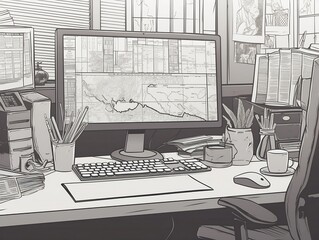Pencil illustration of busy, but messy office 